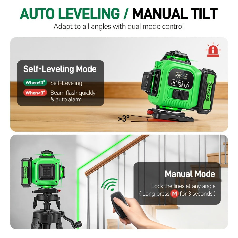 1 Juego de Nivel Láser, 16 Líneas Cruzadas Verdes, Láser 4D, con Batería Recargable, Nivel de Alta Precisión con Función de Nivelación Automática, Perfecto para Construcción y Decoración del Hogar