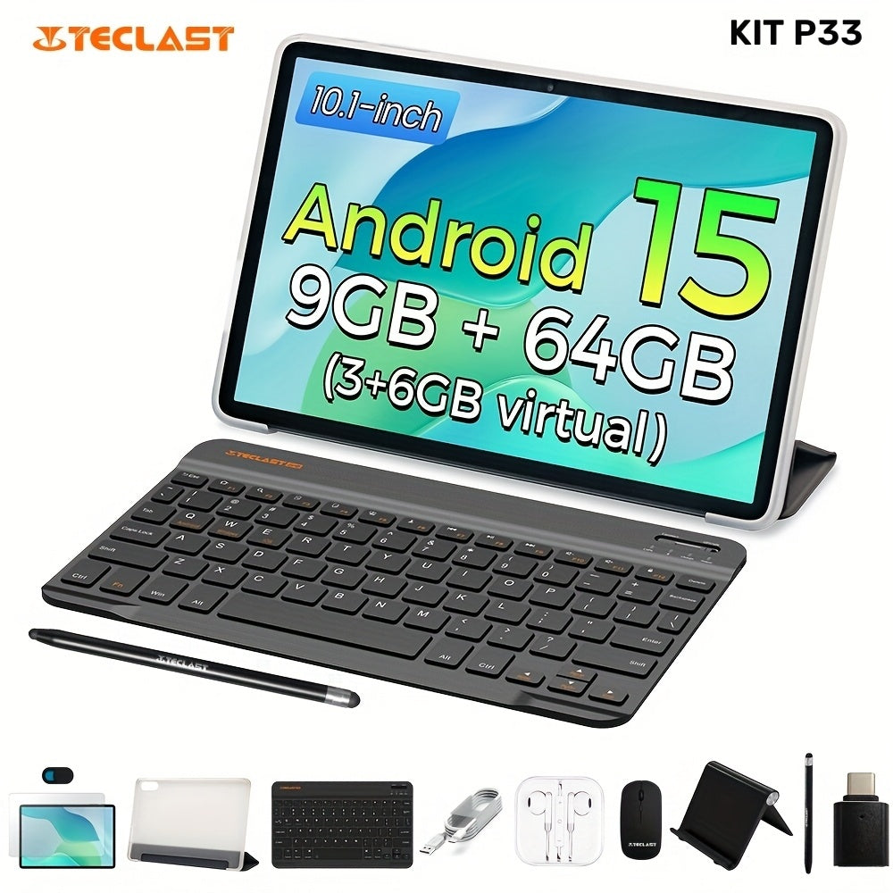Tabletas Android | Teclast P33 Tablet de 10.1 pulgadas IPS, 9GB (3+6GB Virtual) RAM, 64GB ROM, Android 15, WiFi6, Batería de 6000mAh, Carga