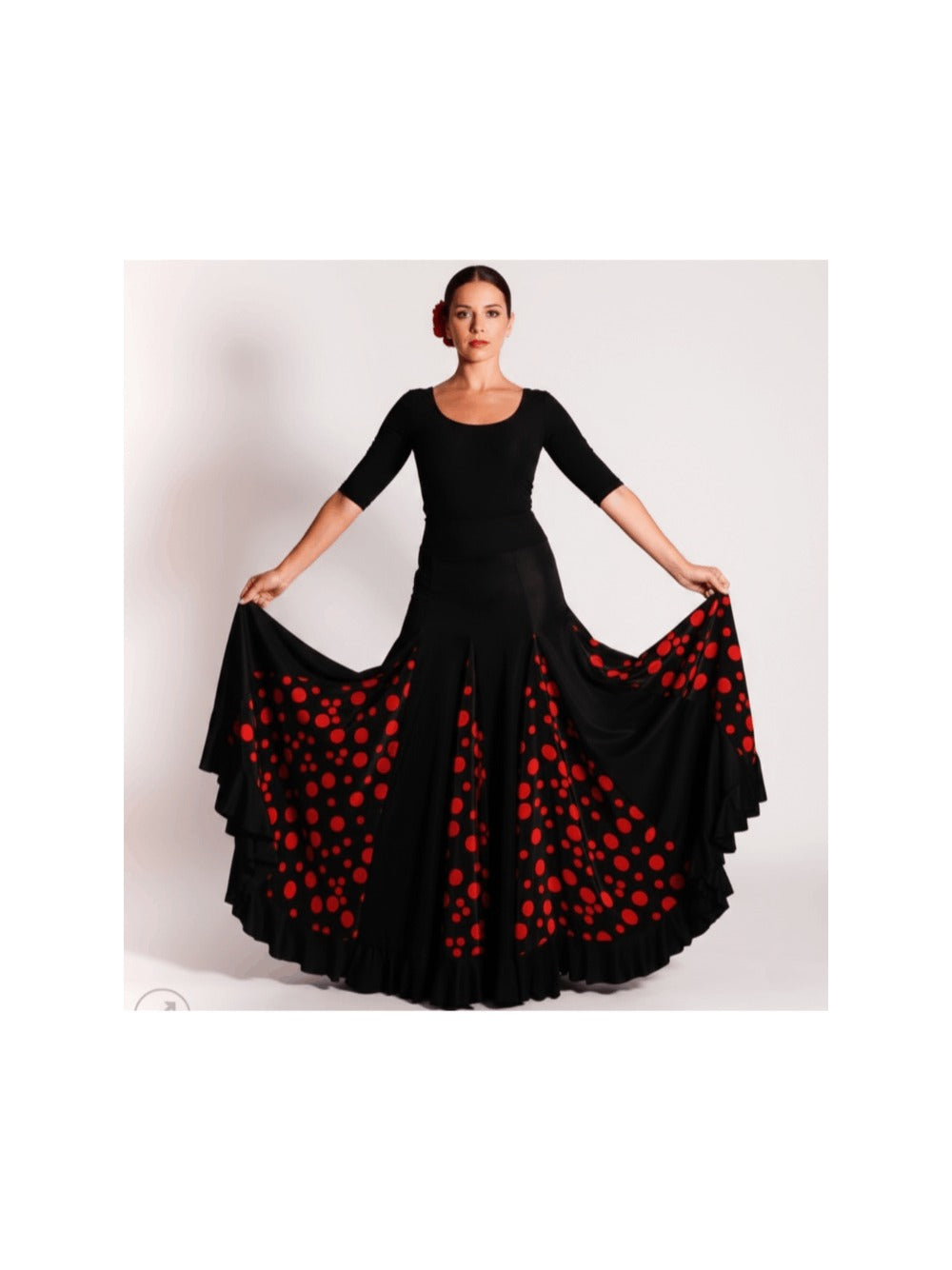 Falda flamenca de tiro alto (bajo pecho) negra con lunares rojos o blancos | Cintura elástica adaptable