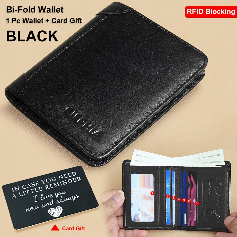 Cartera de Cuero Genuino para Hombre con Juego de Tarjetas de Bendición, Bloqueo RFID, Ultra Delgada, Piel de Vaca de Primera Calidad, Porta Tarjetas de Identificación y Crédito Multifuncional Compacto, Regalo para Navidad, Día de San Valentín y Día del P