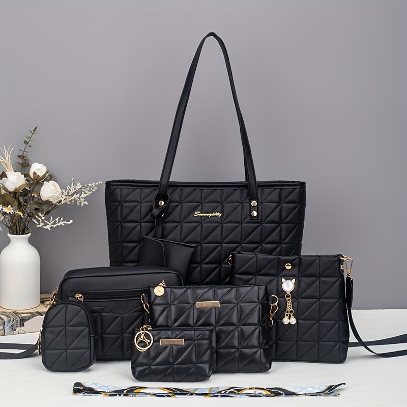 Bolso Tote de Rombo Elegante Juego de Siete Piezas | Juego Versátil de Dos Piezas con Bolso Bandolera, Bolso de Hombro, Bolso Cubo, Clutch | Bolso Tote Casual Multifuncional de Gran Capacidad | Decoración Clásica con Herrajes | Ideal para Viajes y Salidas