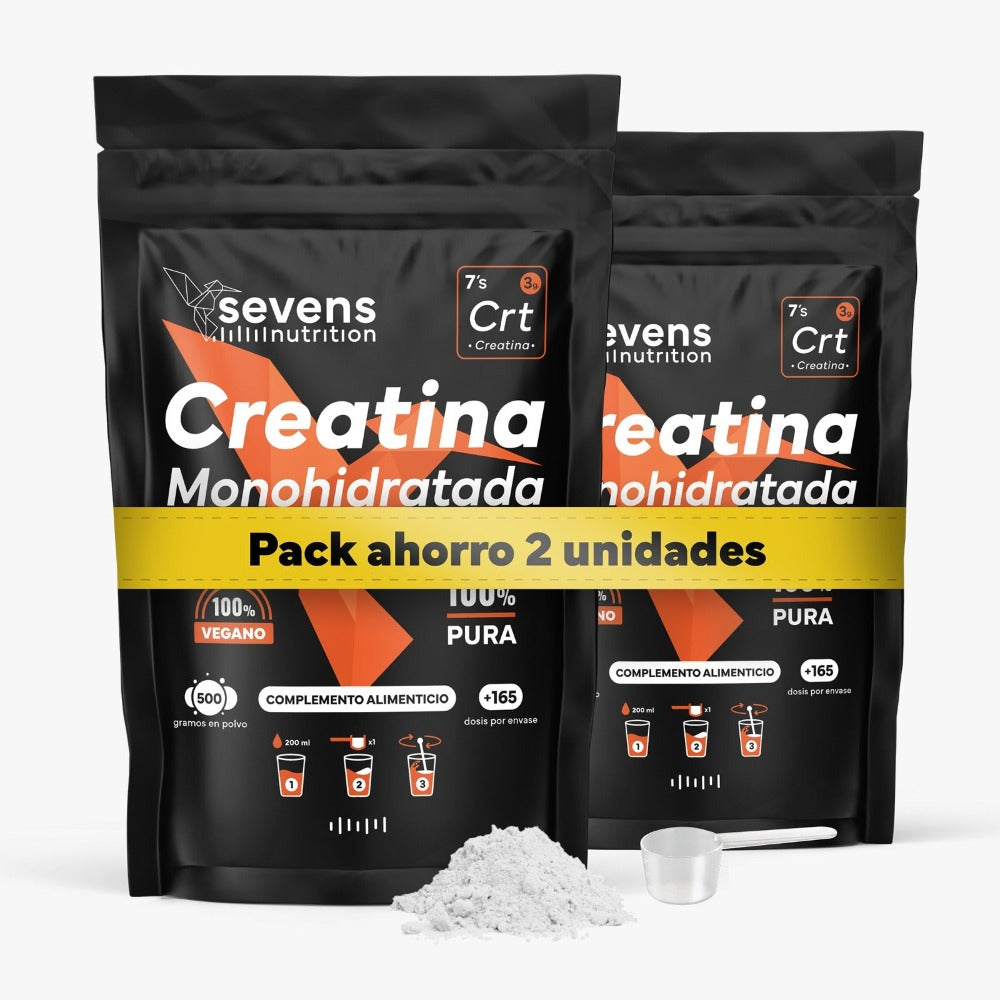 Pack 2x Creatina Monohidratada en Polvo Sin Sabor – 1000 g Totales – Creatina Micronizada 100 % Pura – Vegana y Sin Gluten – Sevens Nutrition