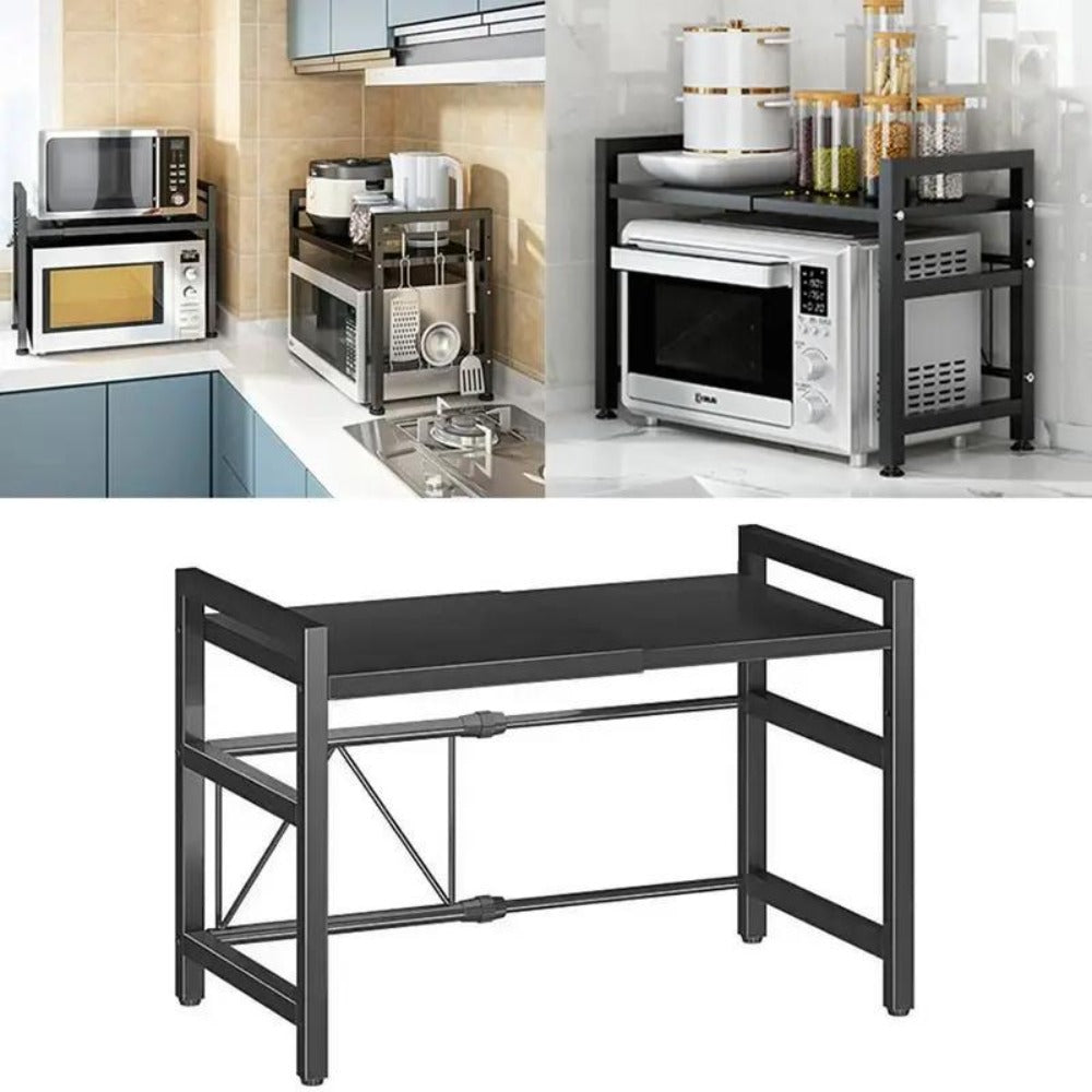 Estante de almacenamiento para microondas, estante de encimera expandible para microondas para guardar utensilios de cocina y vajilla, estante ajustable de 2 niveles que ahorra espacio con 6 ganchos, estante de encimera de acero al carbono para microondas