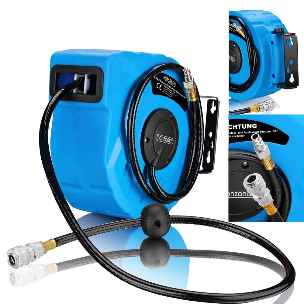 MONZANA® Manguera de Aire Reel 10M+1M Retroalimentación Automática Conexión 1/4" 12 Bar Ø12Mm Enroscador de Manguera Automático Montaje en Pared de Manguera de Aire