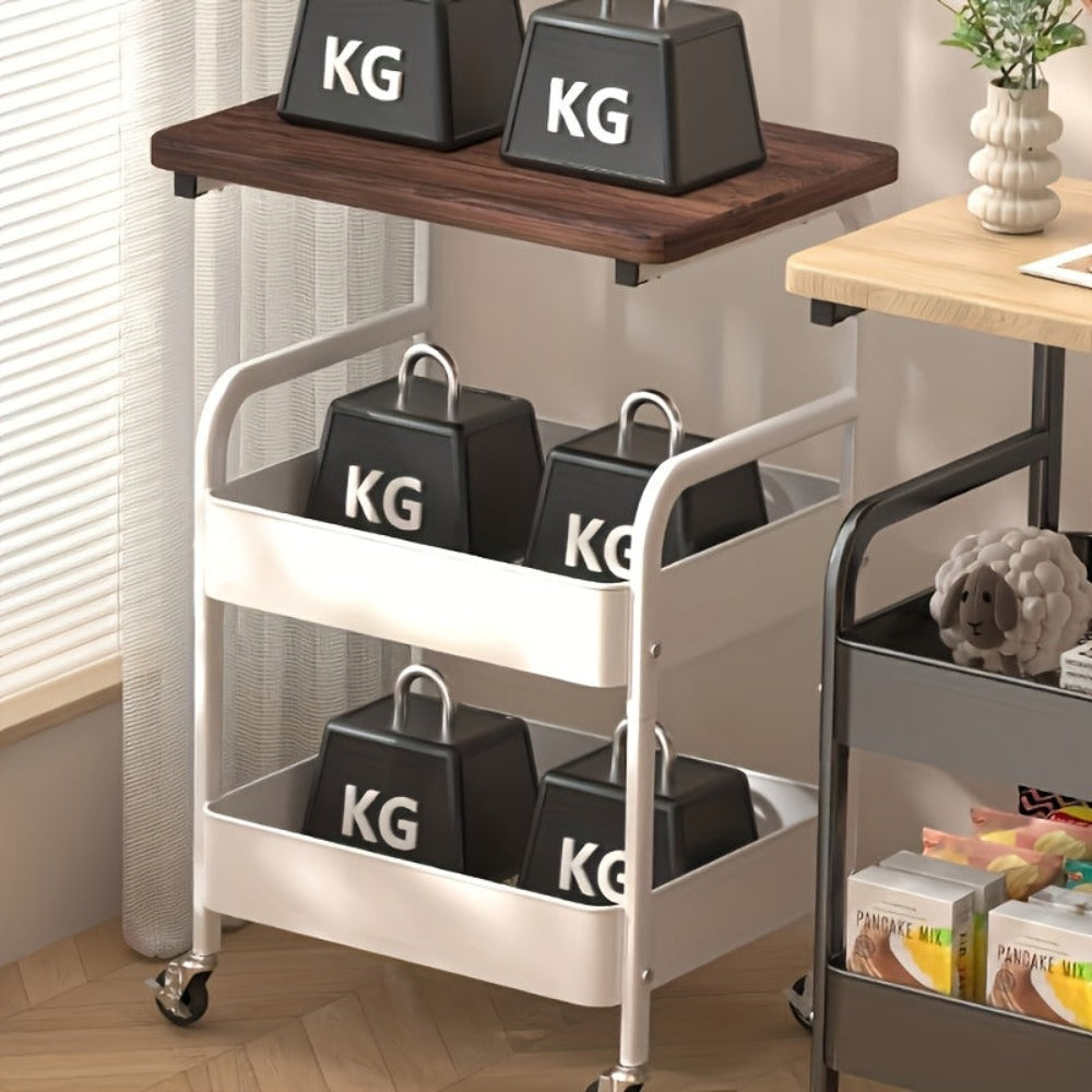 Un estante de almacenamiento con ruedas, estante superior de madera maciza, carrito de cocina, hecho de acero al carbono, resistente y duradero, para almacenar estantes de cocina, con un diseño vertical en capas, adecuado para el almacenamiento en dormito