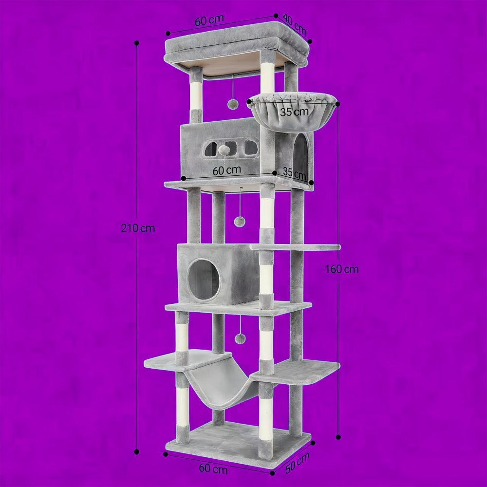 Árbol para Gatos de Interior, Torre Alta de 210 cm con Múltiples Niveles, Casa para Gatos, 8 Postes Rascadores, Hamaca y 4 Pompones