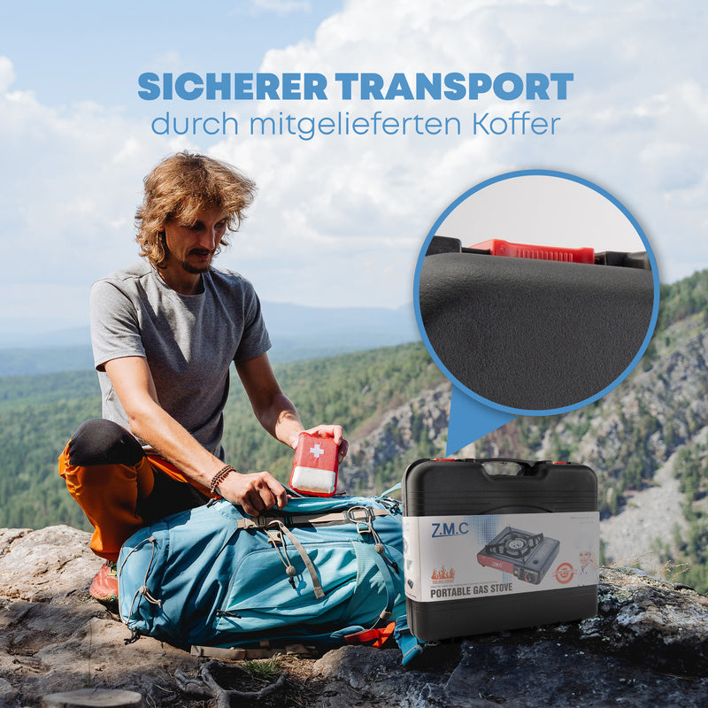 ZMC Estufa de Camping de 1 Quemador 2.2 kW con Encendido Piezoeléctrico, Adaptador para GLP y Estuche de Transporte – Estufa Portátil de Acero Inoxidable para Camping, Exteriores, Jardín, Balcón y Cocina de Emergencia en Interiores | Diseño Robusto, Contr