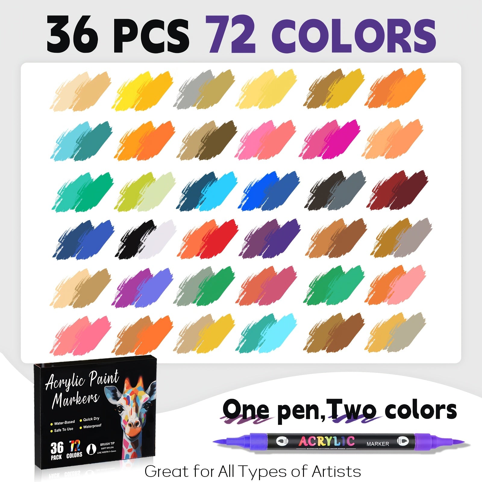 Paquete de 12 rotuladores de pintura acrílica de 24 colores/paquete de 24 de 48 colores/paquete de 36 de 72 colores, punta de pincel de doble cabeza, bolígrafo de pintura acrílica de dos colores, apto para adultos, piedra, madera, roca, lienzo, plástico,