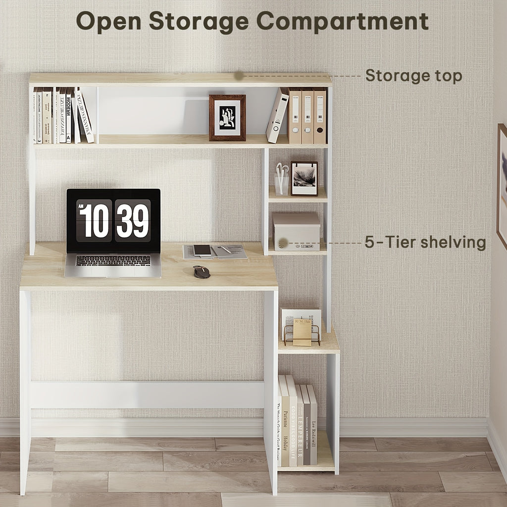 Escritorio | 1pc Escritorio de Oficina, Mesa para Computadora con Estantes, Estantería de 5 Niveles, Roble Blanco, Mesa de Juegos con Espacio de