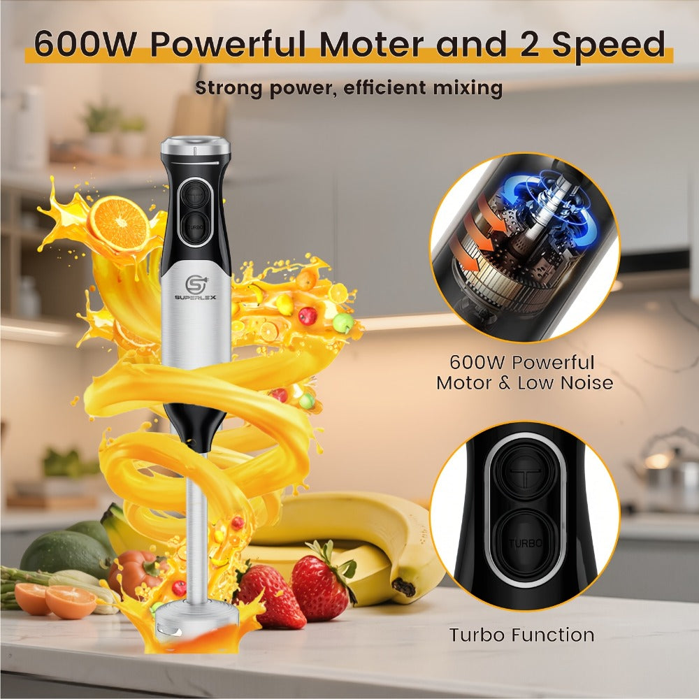 SUPERLEX Licuadora de Mano 600W - Batidor de Acero Inoxidable de Grado Alimenticio, 2 Velocidades (Alimentos Suaves/Duros) para Cocina Hogareña/Catering/Pequeños Negocios de Alimentos | Prepara Sopas, Salsas, Purés