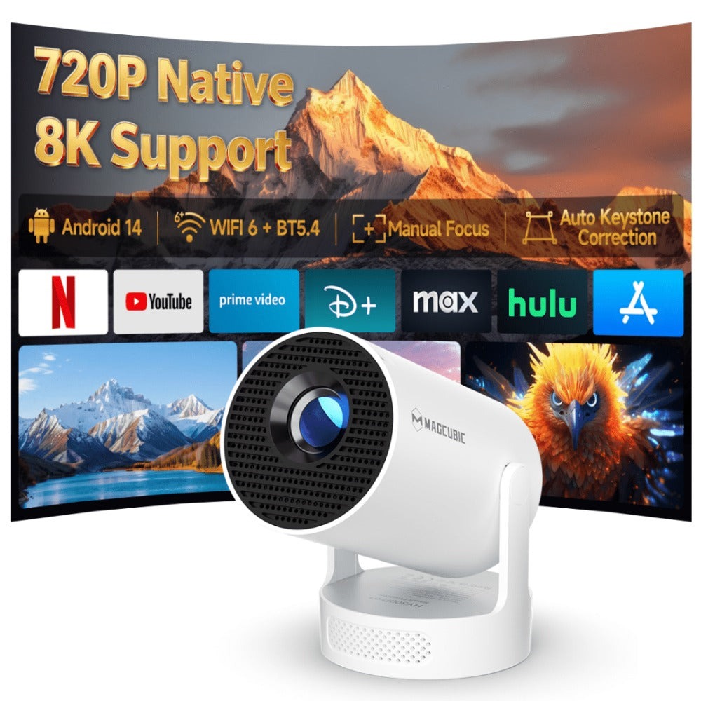 Proyector Magcubic HY300Pro+, nativo 720P con soporte para 8K, relación de proyección 0.9:1, incluye un control remoto, 280 ANSI, ideal para salas de cine en casa, perfecto para proyectar películas en paredes