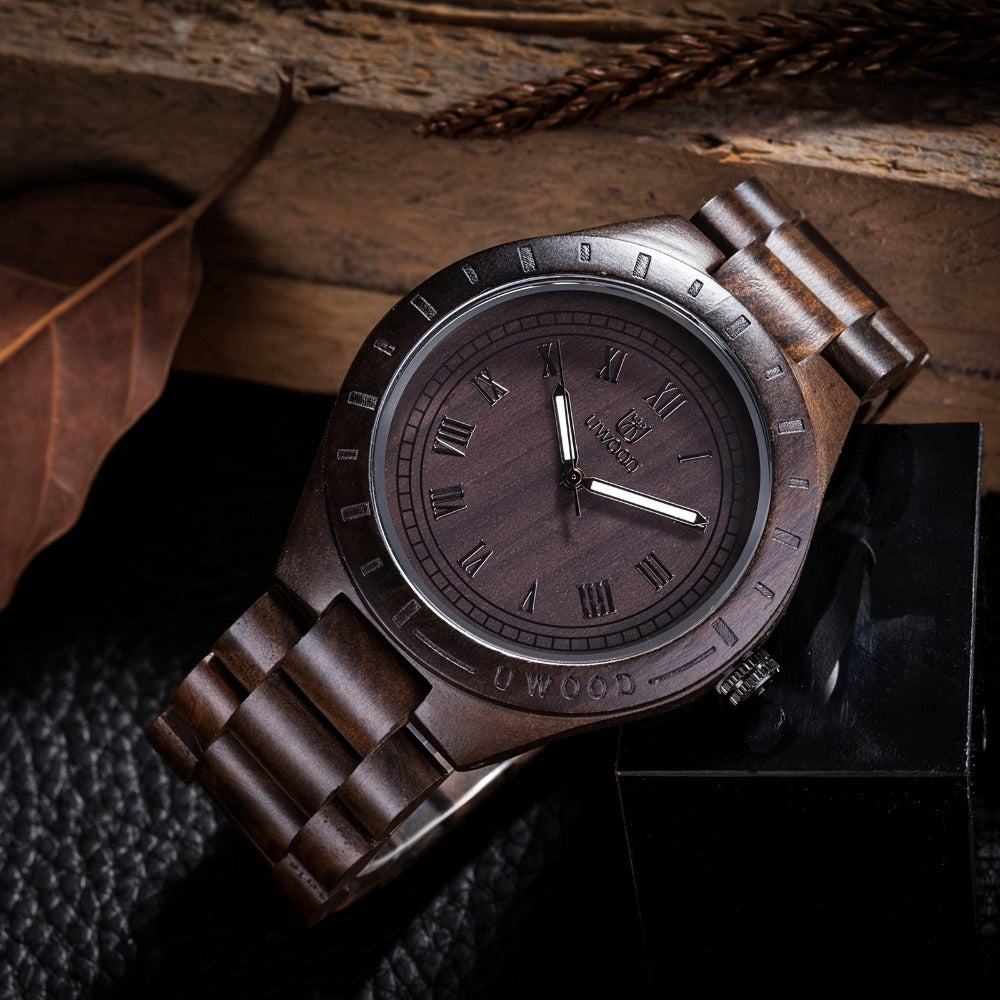 Leeev Reloj de Mano Ligero y Distintivo de Madera para Hombre, Colección Uwood Hecho a Mano de Sándalo Analógico de Cuarzo Vintage con Números Romanos, Reloj de Pulsera de Madera Natural