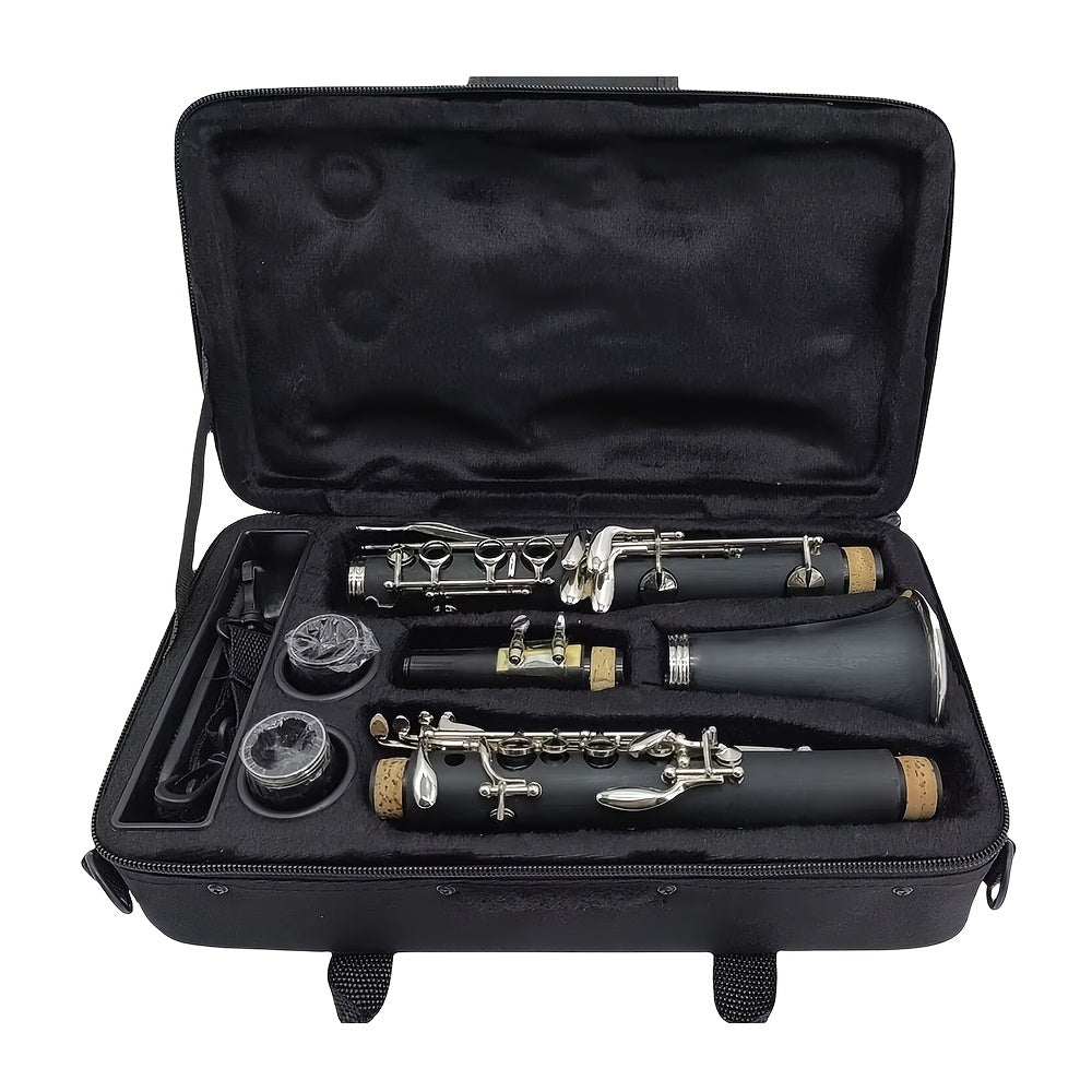 Siemonic Clarinete en Si bemol de 17 llaves, juego de clarinete chapado en níquel con estuche, kit de clarinete para principiantes con kit de limpieza y adicionales, instrumento de viento para práctica, interpretación y uso musical
