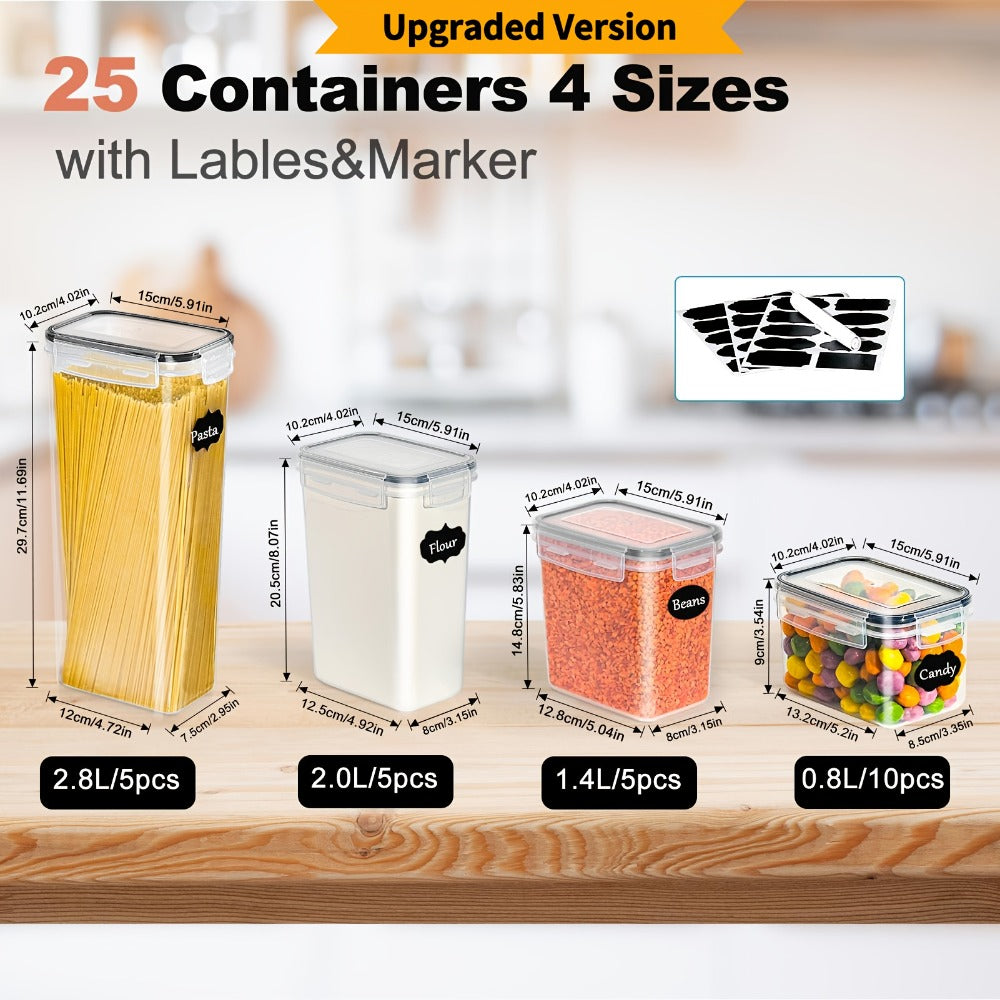 Tarros de Almacenamiento Sellados con Tapas - Juego de 25 Piezas, Contenedores de Cocina, Ideales para Organizar Cocina/Armario/Caravana/Despensa, Perfectos para Almacenar Espaguetis, Harina, Granos y Alimentos Secos, Esencial para el Hogar, Alta Calidad,