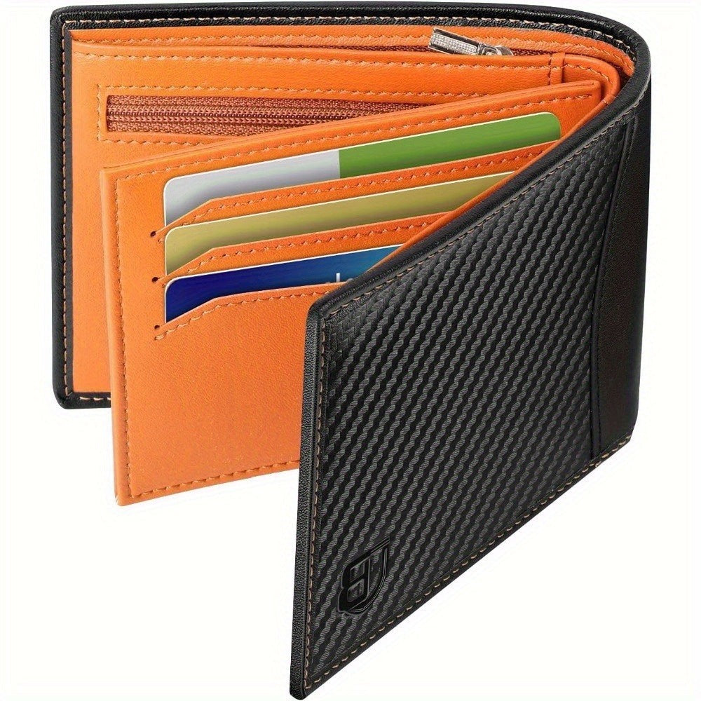 Cartera para Hombre, Cartera de Cuero Bifold con Bloqueo RFID, Cartera Delgada con Ventana para Identificación, Bolsillo con Cremallera para Monedas, 9 Ranuras para Tarjetas y 2 Compartimentos para Billetes, Cartera para Hombres con Caja de Regalo,