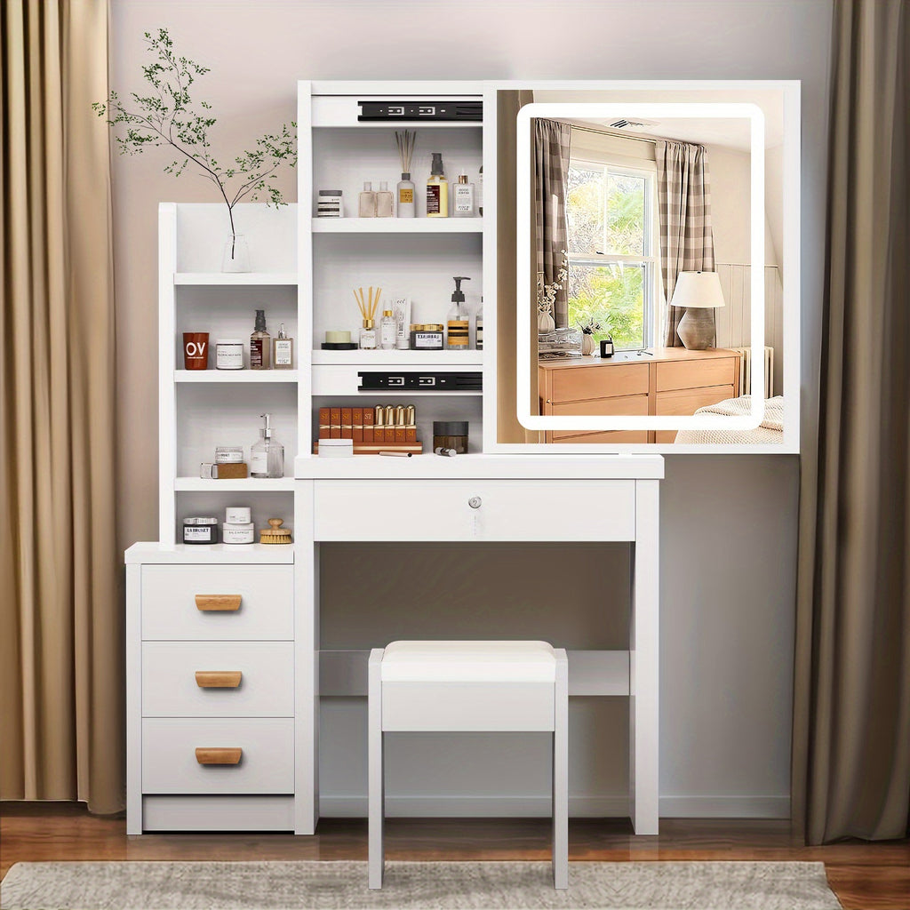 Tocador de Maquillaje con Espejo y Luces, Mesa de Tocador Blanca con 4 Cajones, Espejo Deslizante y Estantes de Almacenamiento, 3 Modos de Iluminación con Brillo Ajustable, Tocador y Silla con Herramientas