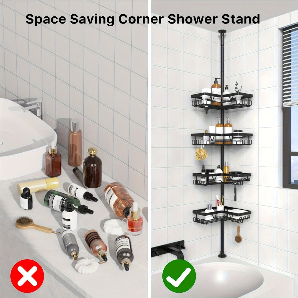 Un estante de esquina robusto y alto para el baño, un estante de esquina ajustable para la ducha que no requiere perforaciones, con un estante de almacenamiento negro de 4 niveles resistente al óxido, ideal para organizar áreas de ducha de esquina - Perfe