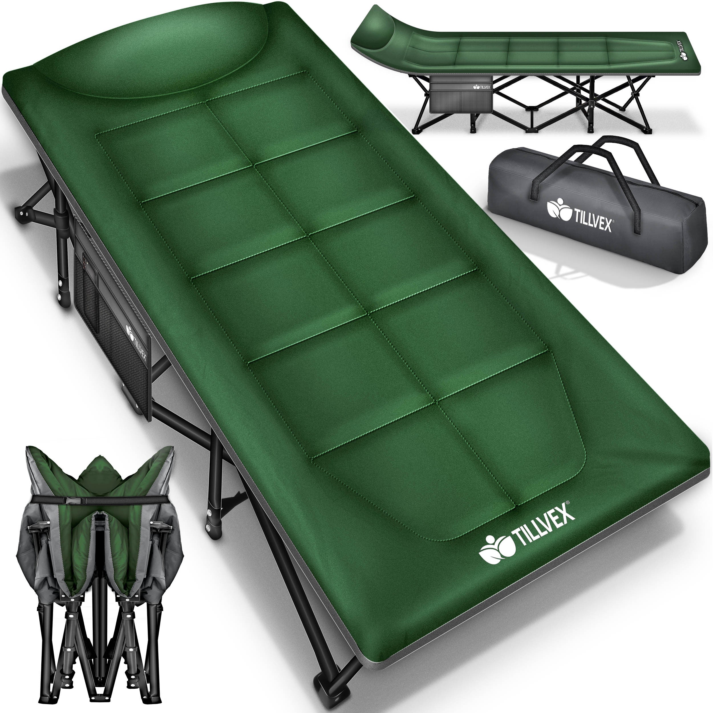 Tillvex® Cama Plegable para Camping con Bolsa de Transporte, Soporta Hasta 200 kg, Cama Extra Ancha para Camping, Cama de Campaña, Cama de Pesca para Uso en Exteriores e Interiores, Cama Plegable para Invitados, Portátil para Jardín, Camping, Pesca, Festi