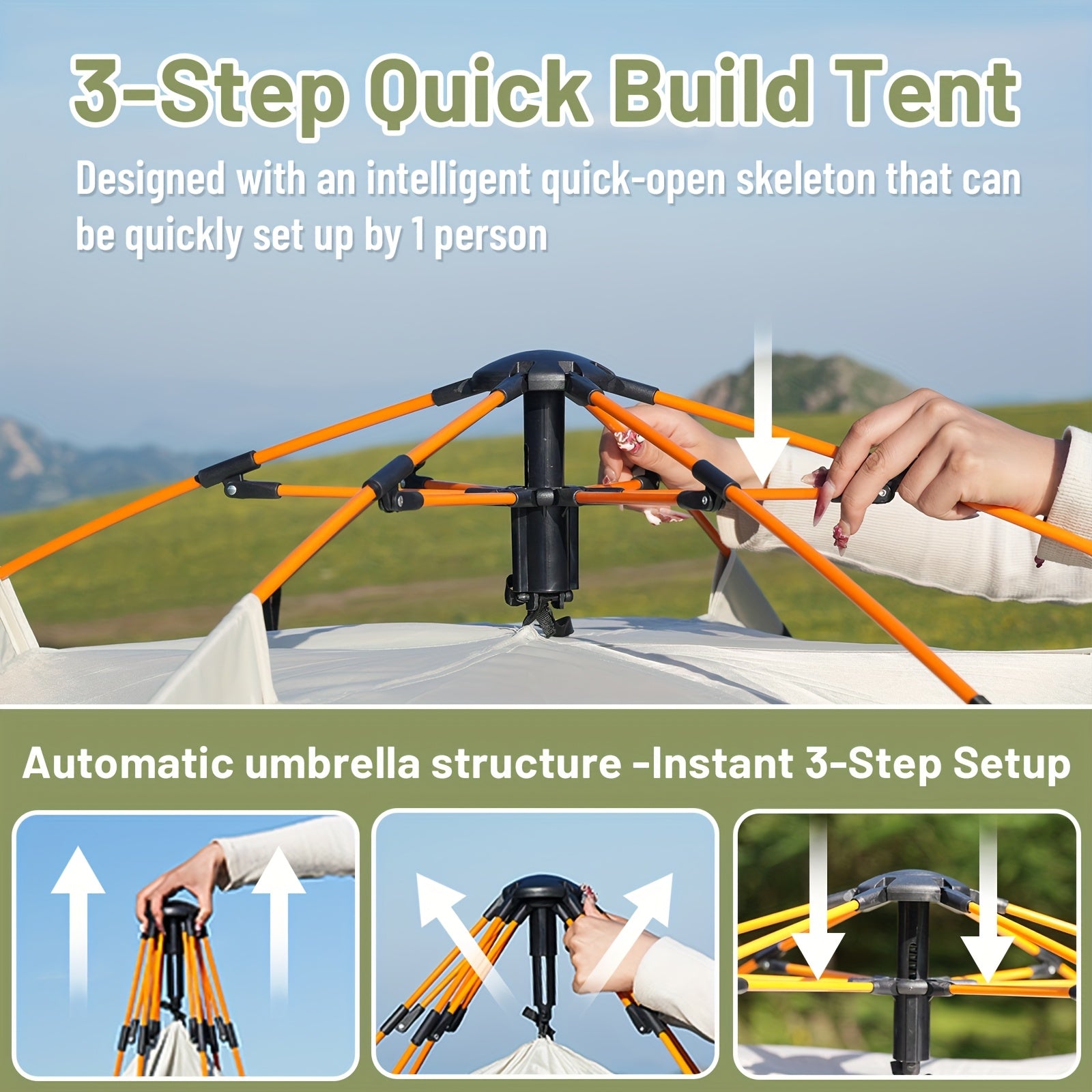 PAKICETUS Carpa de Apertura Rápida para Exteriores - 1-2/3-4 Personas, Carpa para Todas las Estaciones, Doble Puerta con Ventilación Mejorada, Ligera y Resistente al Viento en Gris/Amarillo, Ideal para Camping, Senderismo, Accesorios para Campistas, Carpa