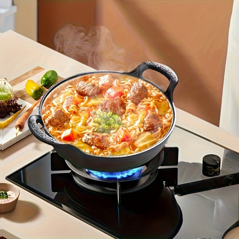Wok de hierro fundido de 7.87 pulgadas con mango de anillo — Wok pre-temperado con revestimiento antiadherente y fondo plano, apto para placas de inducción, estufas de gas, estufas eléctricas, hornos y parrillas. Incluye una tapa. Ideal para camping inter
