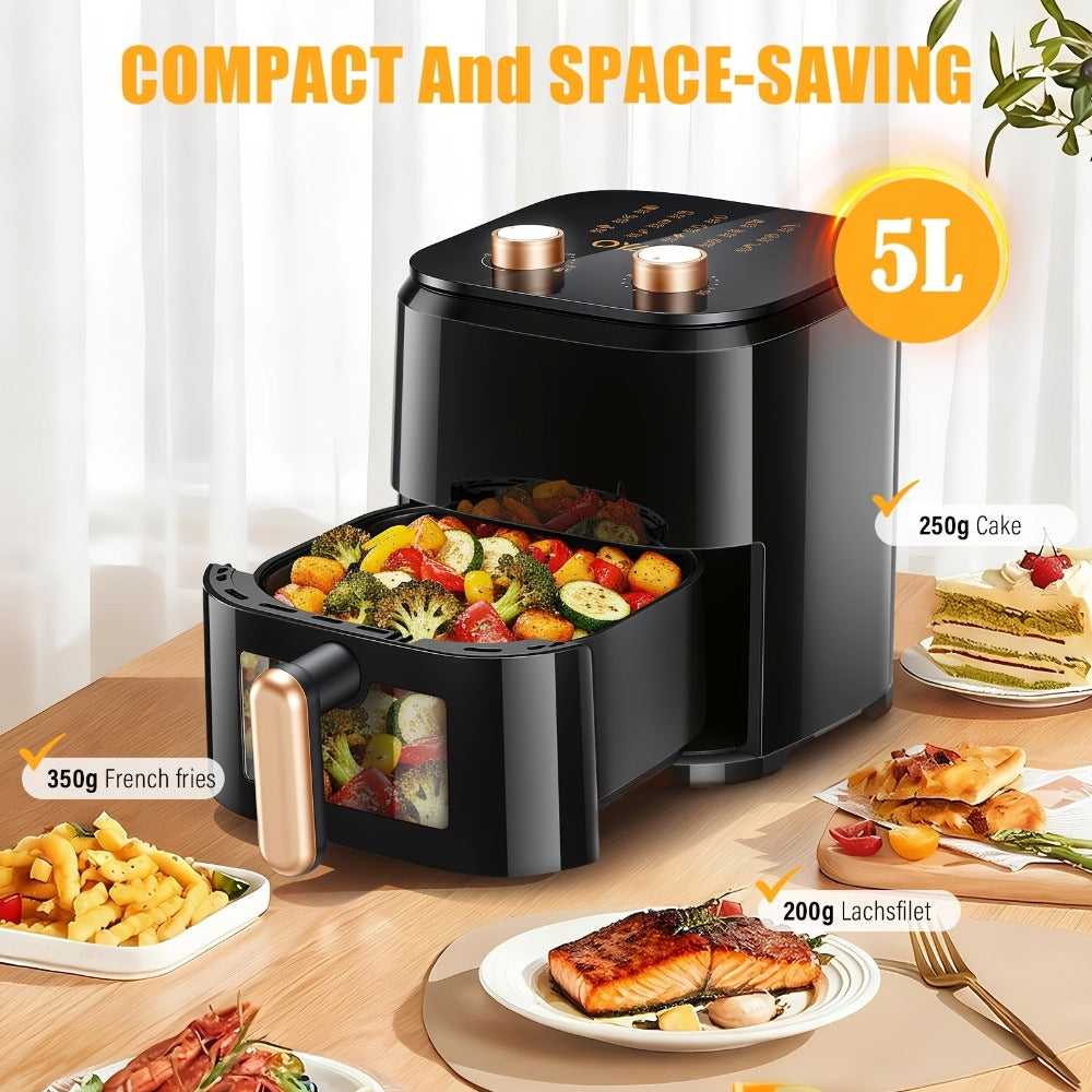 Freidora de Aire de 5L para 2-3 Personas, Freidora de Aire Pequeña con 15 Opciones de Menú, Temporizador Manual de Doble Perilla, Temporizador, Circulación Rápida de Aire 3D, Antiadherente, Cesta apta para Lavavajillas, Cocina Saludable sin Aceite