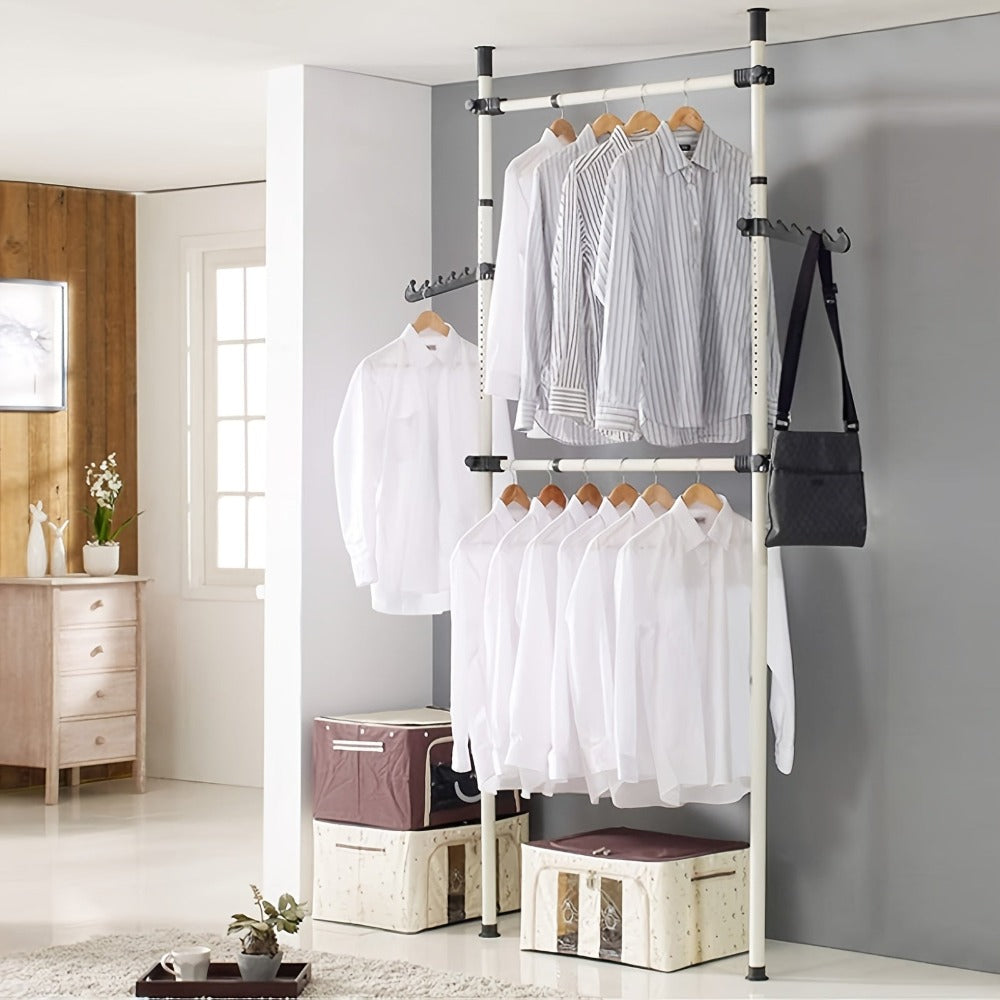 Sistema de armario telescópico con 2 barras para ropa, sistema de almacenamiento de ropa, sistema de estantes, perchero, sistema de estantes de pared planos sin taladrar