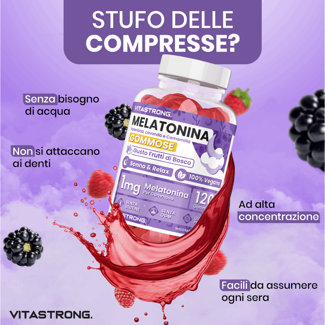 Melatonina Vegan Vitastrong en Gomitas, 120 Gomitas de 1 Mg (1 por Día, Suministro para 4 Meses), Sin Sacarosa, Sin Gluten, Sabor a Frutas Rojas, con Valeriana, Lavanda, Manzanilla y Vitamina B6