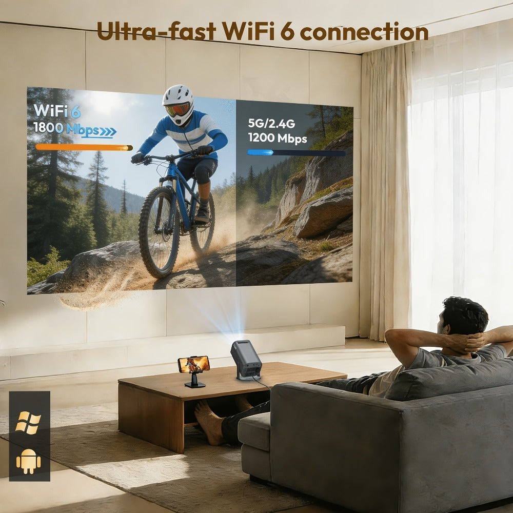 LUXVYN 2026 Proyector Portátil, con Android 11, Dual Wifi6, Brillo de 340ANSI, Local 1280X720P HD, Soporte 4K, Bajo Ruido, Ángulo de Proyección Flexible de 180°, Mini Proyector de Cine en Casa