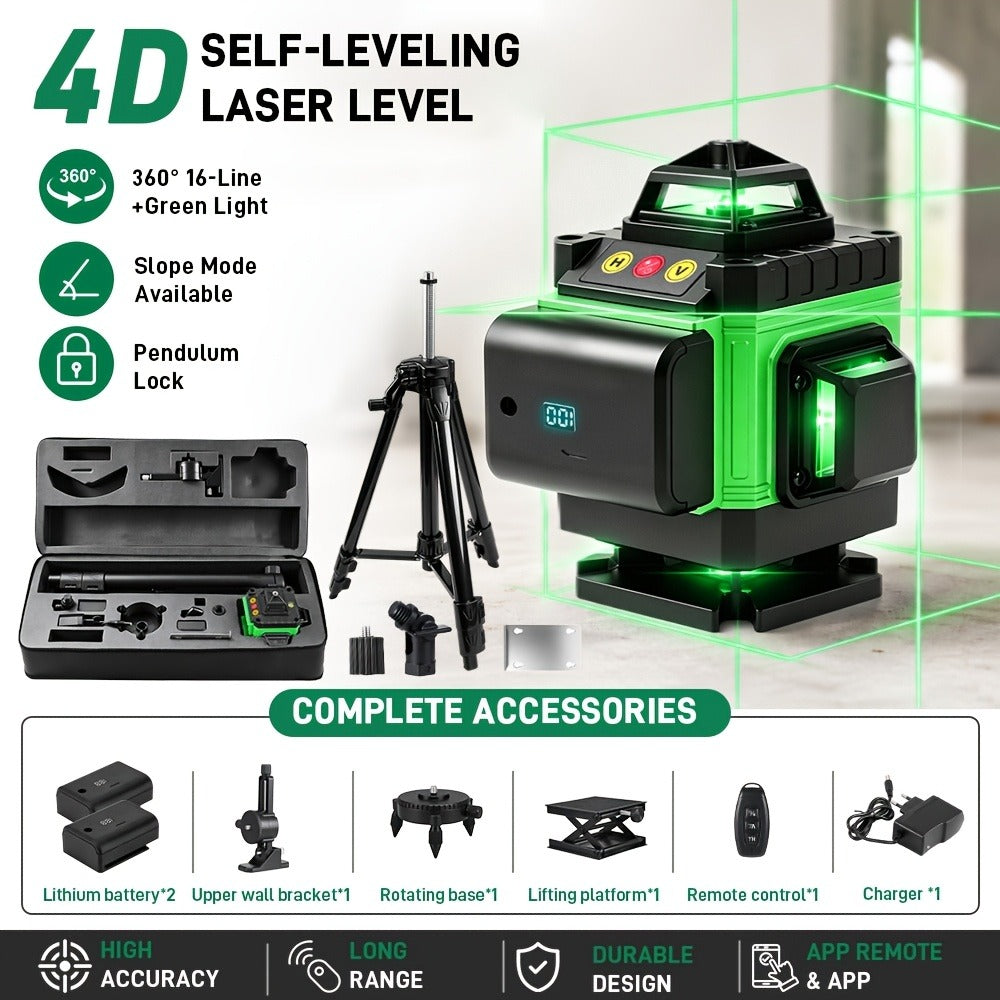1 Juego de Nivel Láser de 16 Líneas con Nivelación Automática de 360°, Herramienta de Nivel Láser de Línea Cruzada Verde 4X360° para Construcción y Colgar Cuadros, Nivel Láser 4D con 2 Baterías Recargables