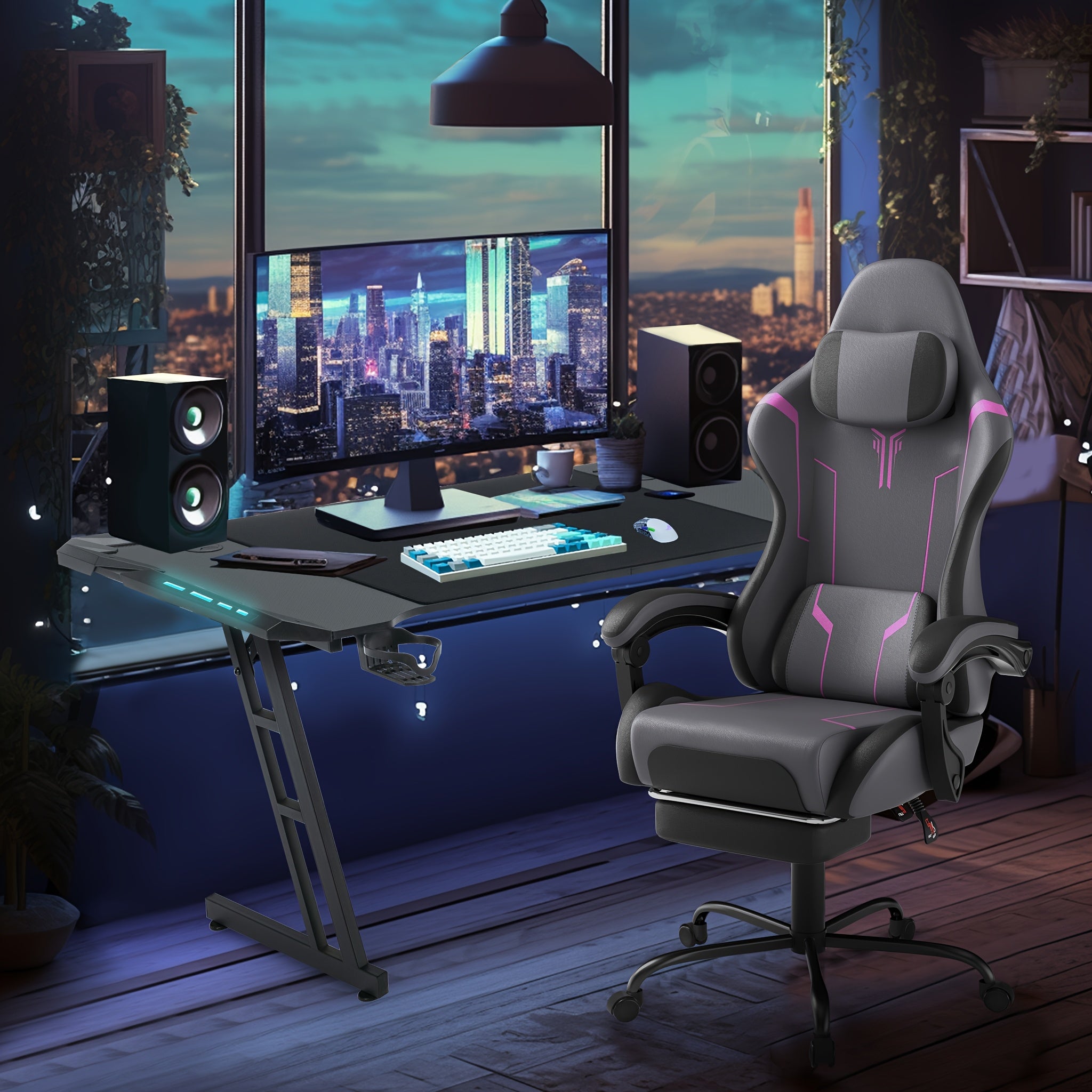Silla Gaming Ergonómica con Soporte Lumbar Ajustable, Reposacabezas, Reposabrazos y Reposapiés, Ideal para Oficina y Gaming en PC, con Inclinación de 135° y Capacidad de Peso de 150 Kg
