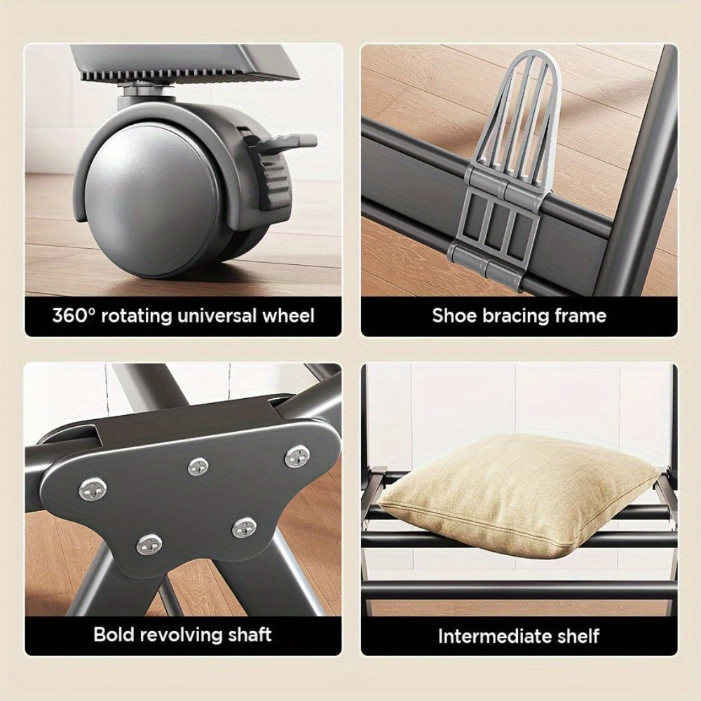 Perchero Plegable de Aluminio Resistente con Estante para Zapatos - Diseño en 3 Segundos, Altura Ajustable, 4 Ruedas para Uso Interior/Exterior, Montaje Sin Herramientas, Estabilidad en Forma de A, Ahorro de Espacio Gris, Secado de Ropa Portátil, Construc