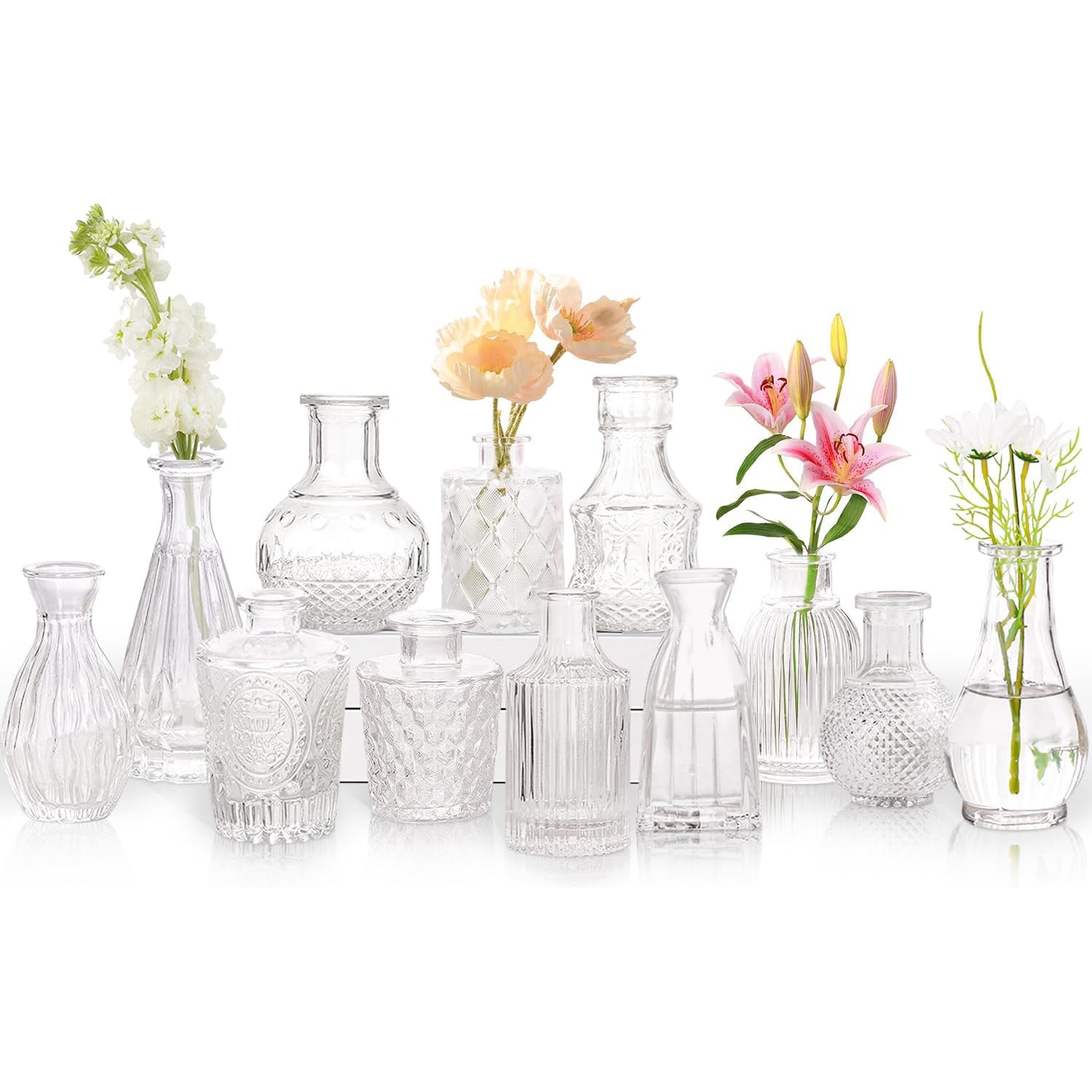 Juego de 12 jarrones de vidrio vintage para arreglos florales, con mini frascos de cristal transparente ideales para centros de mesa, decoración de bodas, uso doméstico y decoraciones para fiestas de flores
