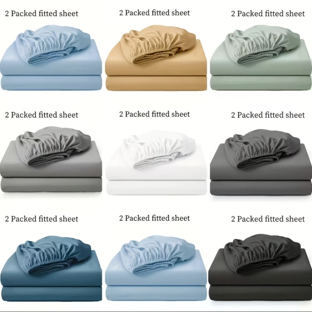 Paquete de 2 Sábanas Ajustables de 100% Poliéster Jersey 130gsm, Color Aleatorio, Sábana de Lino Completo, Falda de 30cm, Hipoalergénica, Sábana Transpirable, Adecuada Para Dormitorio, Residencia Estudiantil Y Habitación De Invitados, Lavable A Máquina, R