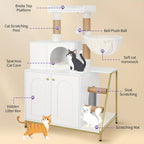 Árbol para Gatos con Gabinete para Caja de Arena, Gabinete para Gatos, Casa Moderna para Gatos 4 en 1 con Plataforma Grande, Casa para Gatos con Rascador de Sisal, Postes, Escaleras y Pompón, Cojines Lavables, Marfil Claro/Blanco