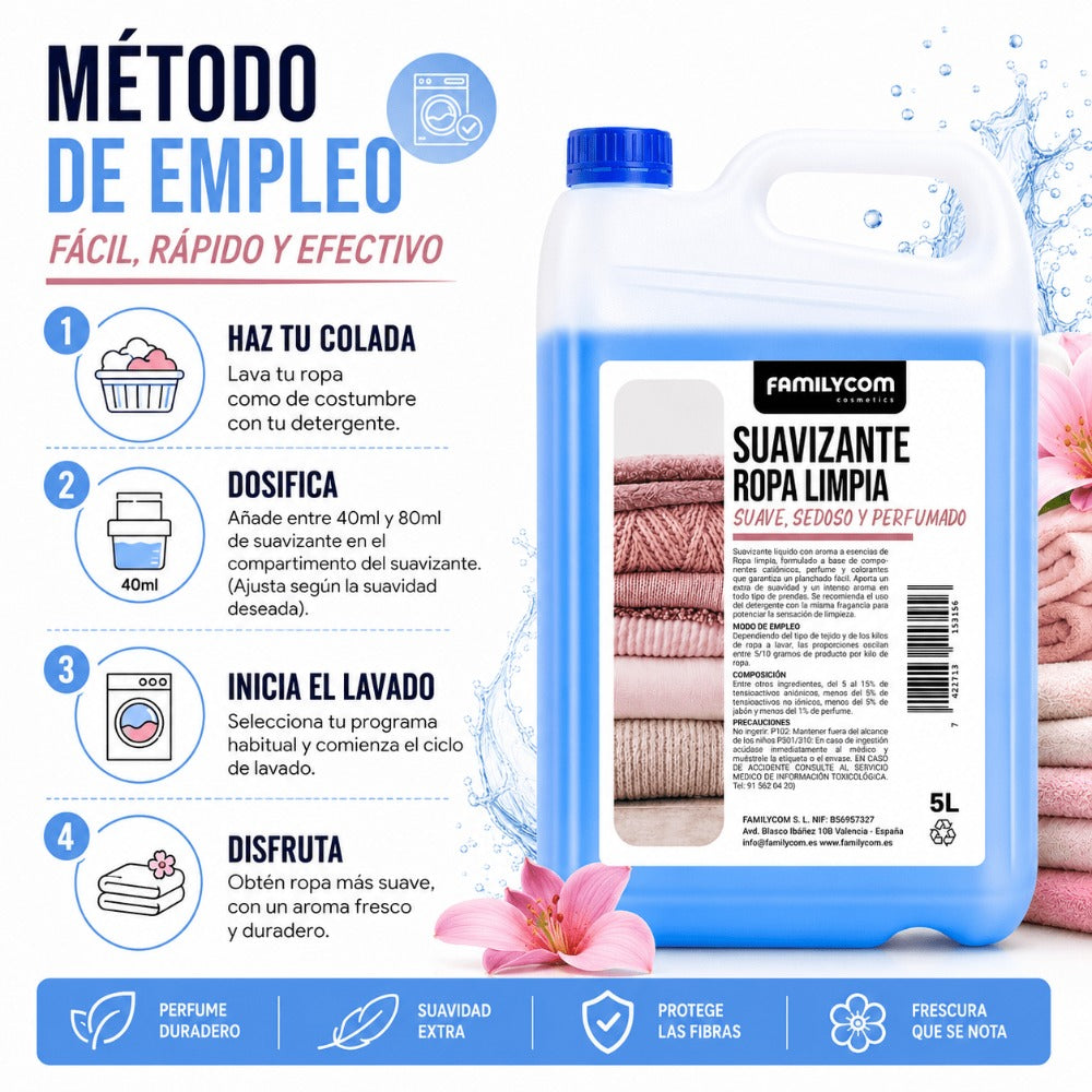 GrupoFamily. Suavizante Azul - Ropa Limpia- Suavizante Concentrado para la Ropa - Frescor intenso y duradero - 217 lavados - 5 litros