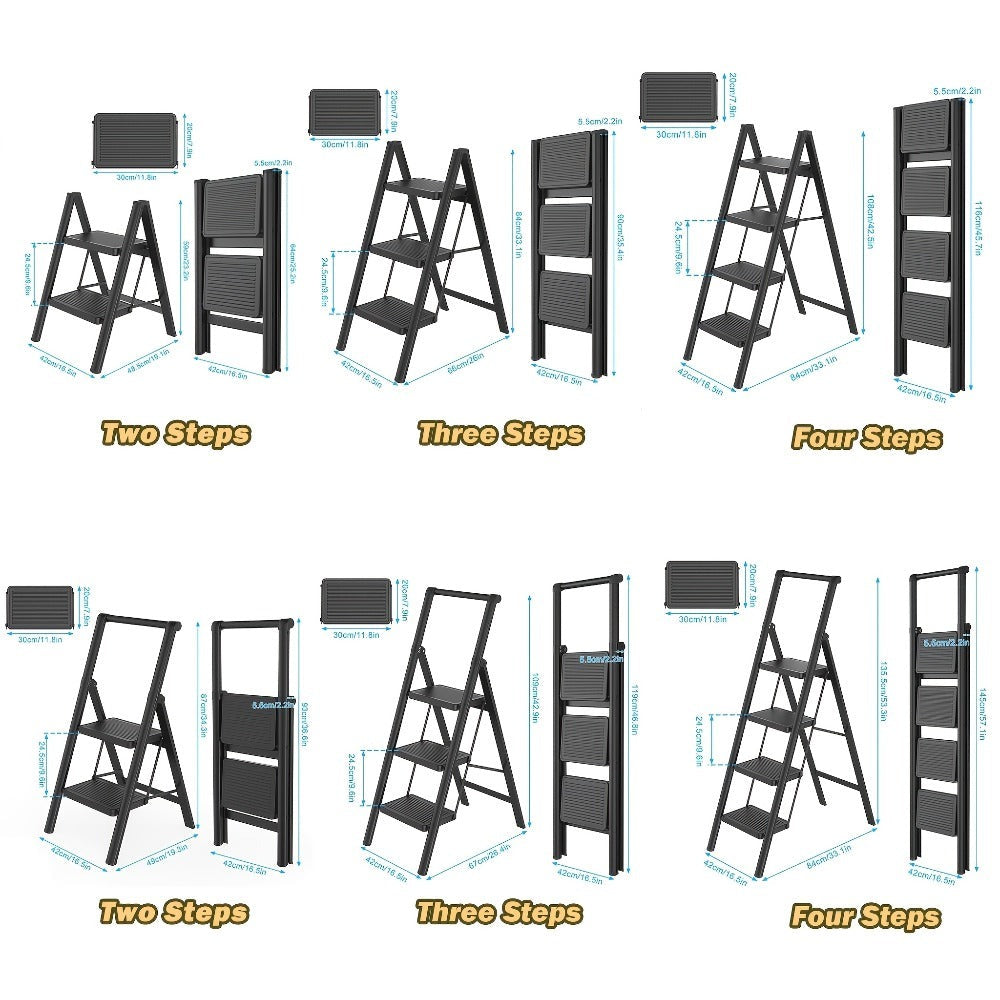 Escalera de 2/3/4 peldaños, escalera plegable con pedal ancho antideslizante, escalera doméstica, taburete multifuncional, fácil de guardar, carga máxima de 150 kg, escalera para el hogar, oficina, negra