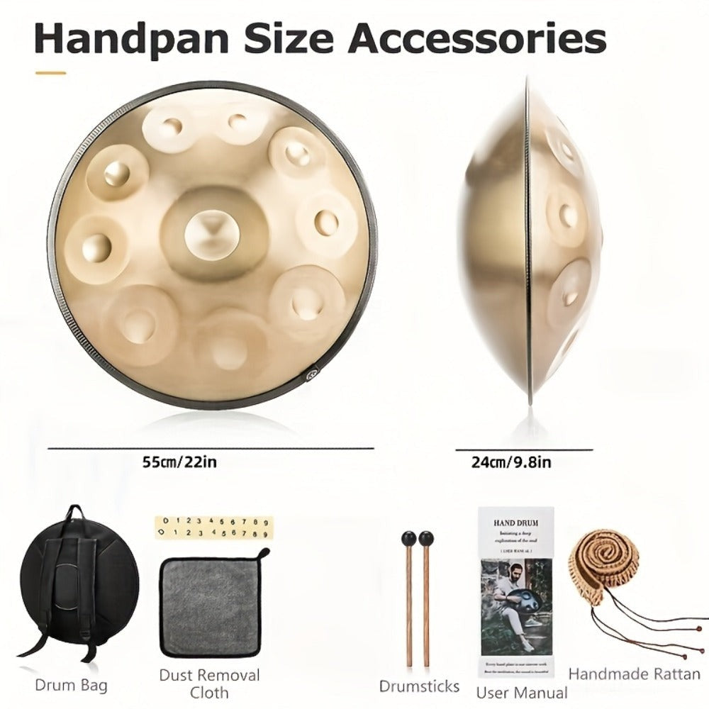 Tambor de Lengüeta de Acero de 22 Pulgadas con 10 Notas Afinadas 440Hz, Estilo Hand-Pan, para Relajación, Meditación, Práctica de Música Yoga, Incluye Baquetas y Bolsa de Transporte