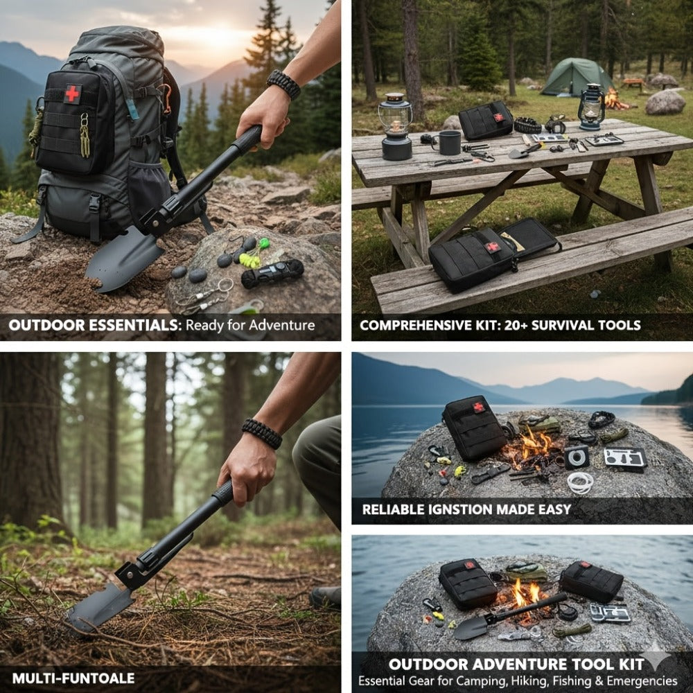 Kit de herramientas todo en uno y para exteriores, equipo de exterior resistente / hacha, pala, correa tipo pulsera de paracaídas y suministros para camping, senderismo, caza