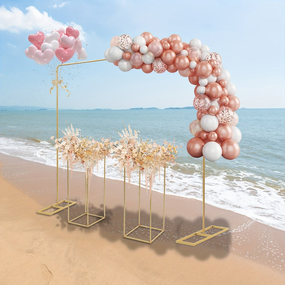 Soporte de 2 x 2 metros + 2 piezas de estantes cuadrados para flores de 27 x 27 x 80 cm, dorados, para bodas, fiestas de cumpleaños