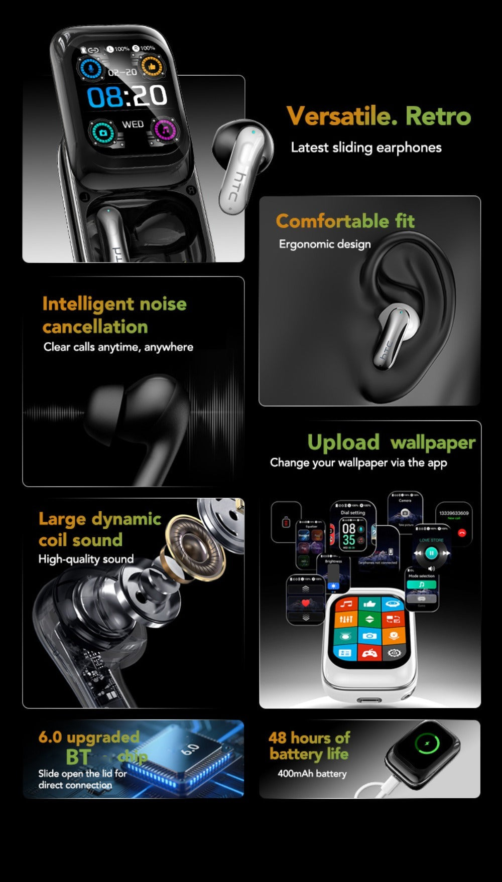 Auriculares Inalámbricos HTC NE48 con Estuche Deslizante OWS, Auriculares con Traducción Inteligente AI, Batería de Larga Duración de 30 Horas, Pantalla Táctil a Color, Baja Latencia, Micrófono con Cancelación de Ruido. Ideales para Música, Trabajo, Regal