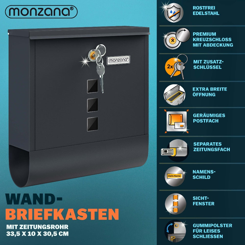 Buzón MONZANA® con Cerradura Cruzada, Cilindro de Cobre, Tapa Giratoria, 31x10x34 cm, Ventana de Visualización, Placa de Identificación, Compartimento para Periódicos, Fácil Instalación, Acero Aleado, 2 Llaves, Caja de Correo