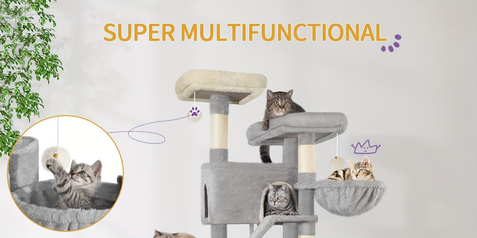 Rascador para Gatos Grande de 185 cm con 6 Postes para Rascar, 3 Cuevas, 2 Plataformas de Observación, 2 Cestas, 4 Pelotas de Peluche, Rascador Multinivel para Gatos
