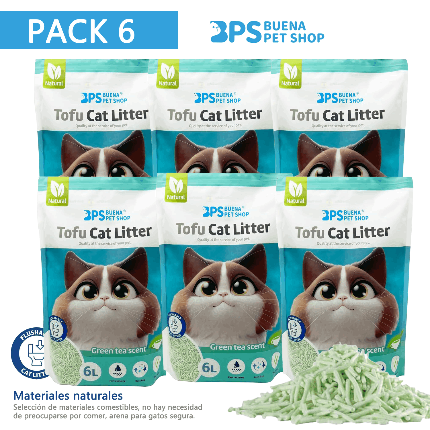 Arena de Tofu para Gatos 6L - Sin Polvo Fácil de Aglomerar y Controla Olores - y Segura para Gatitos - Pack de 6 Bolsas