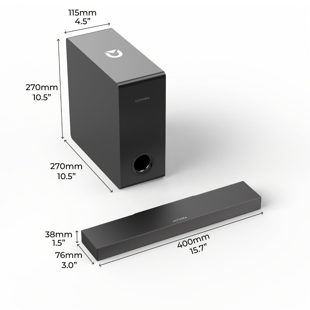 ULTIMEA Barra de sonido 2.1 canales para TV, Barra de sonido compacta para cine en casa con Bluetooth 5.3, Barra de sonido con subwoofer con cable, 160W de potencia máxima, Realce de graves, Incluye control remoto, Barra de sonido ultrafina Nova S40 (Reno