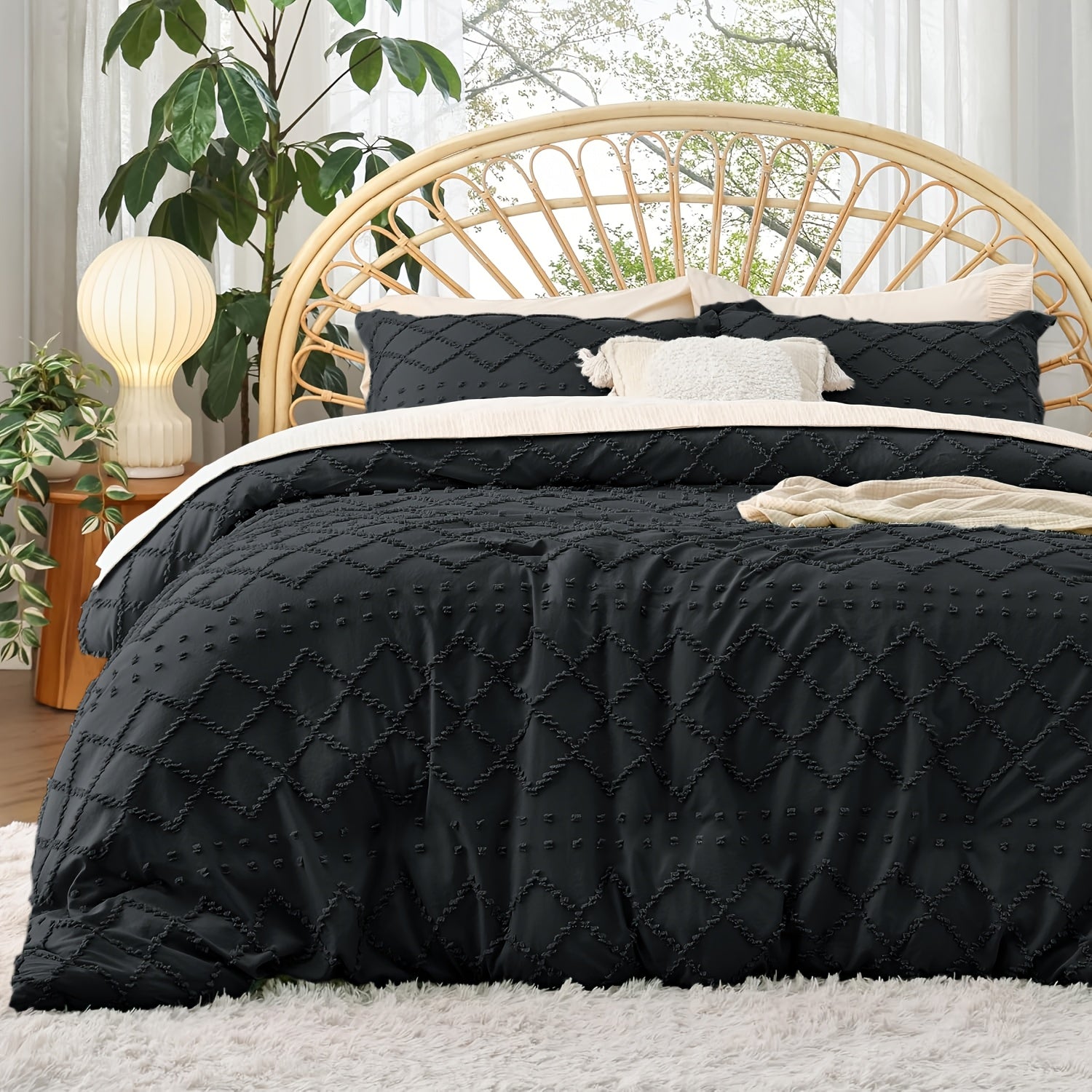 Juego de funda nórdica de lujo con bordado exquisito estilo bohemio, ropa de cama acolchada lavada vintage 2/3 piezas transpirable, fibra ultrafina de alta calidad adecuada para todas las estaciones, ropa de cama tejida suave, lavable a máquina en múltipl
