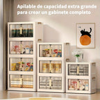 Armario de almacenamiento plegable extragrande de 74 cm, organizador apilable de 3/4/5 niveles con ruedas, puertas transparentes, manijas en tono dorado y cierre magnético para el hogar, oficina, cocina, baño y despensa