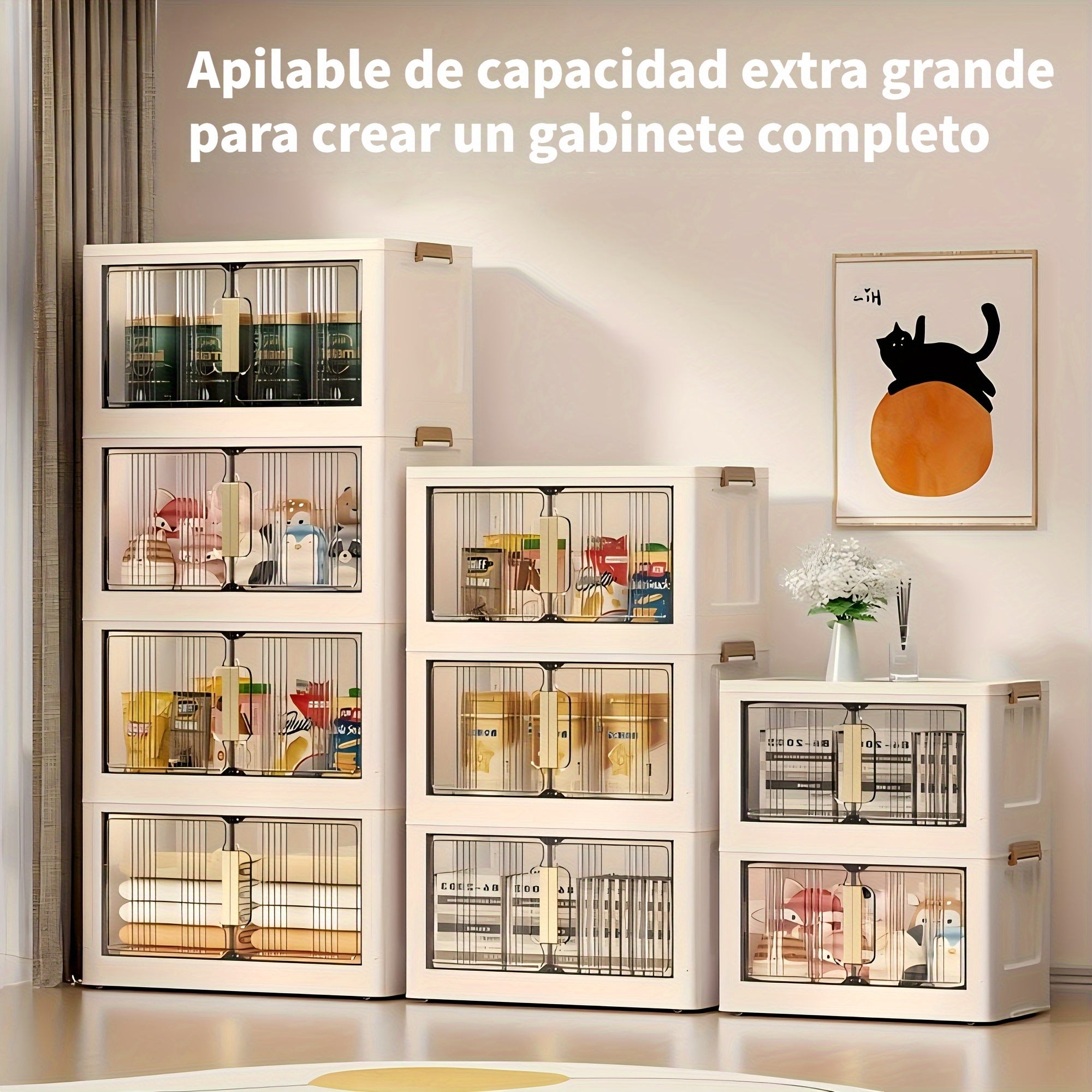 Armario de almacenamiento plegable extragrande de 74 cm, organizador apilable de 3/4/5 niveles con ruedas, puertas transparentes, manijas en tono dorado y cierre magnético para el hogar, oficina, cocina, baño y despensa