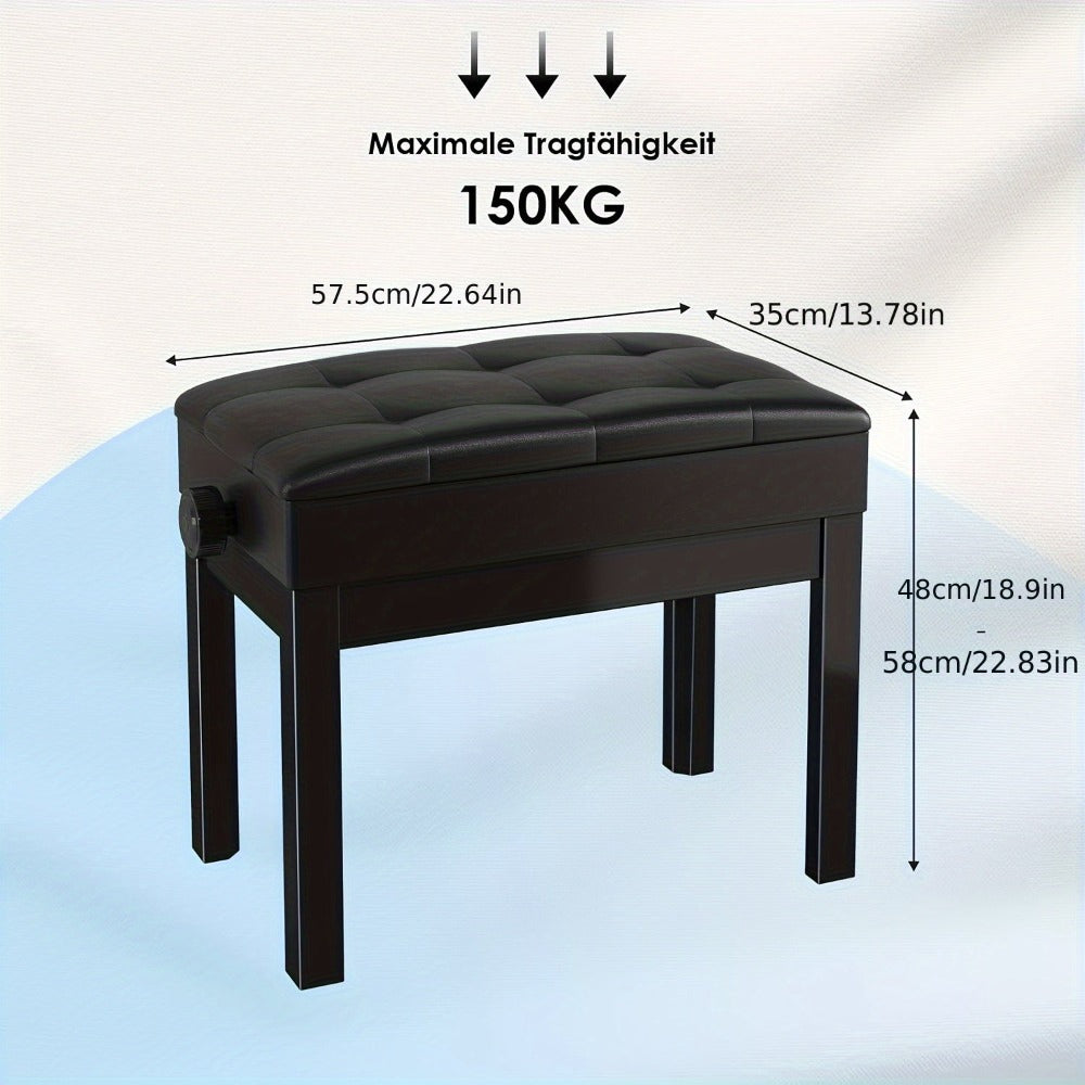 Banco para instrumento de teclado, Banco para piano, Altura ajustable 48-58 cm, Banco para piano con espacio de almacenamiento, Cojín de cuero sintético, Capacidad de carga hasta 150 kg, Banco multifuncional, Se puede utilizar como taburete de vestir, tab