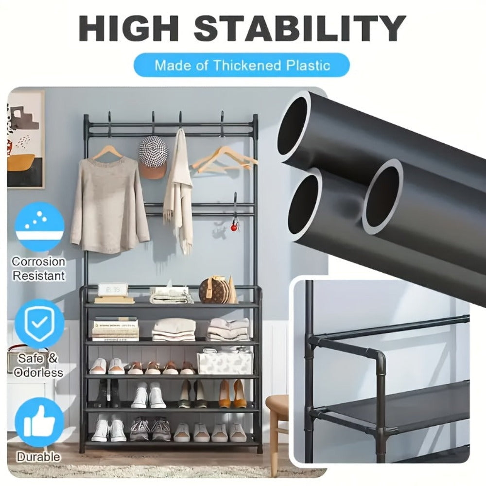 Organizador de Zapatos - Perchero Ahorrador de Espacio, Estante de 5 Niveles con 8 Ganchos, Estructura Robusta de Metal Dorado/Plástico, Diseño Independiente o Montado en Pared para Hogar, Oficina y Tienda - Ideal para Almacenar Zapatos, Abrigos, Sombrero