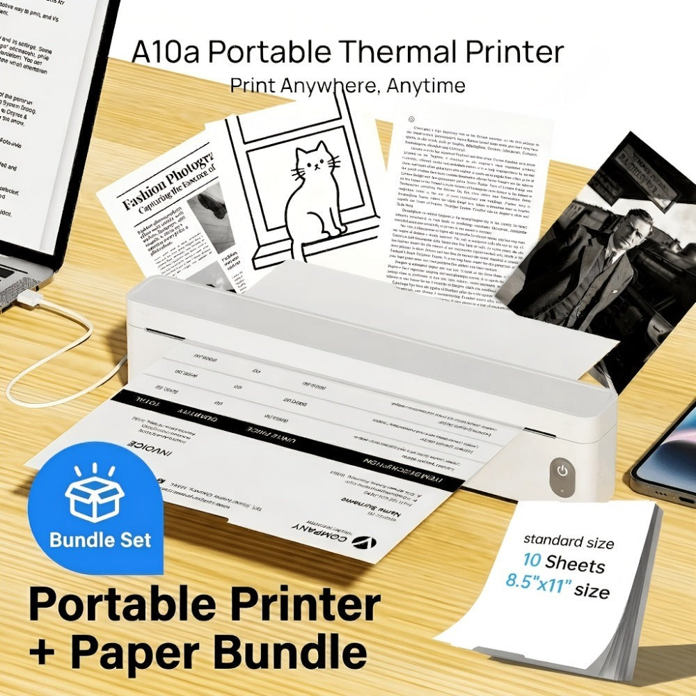 Impresora Térmica Inalámbrica A10A, Batería de 1800Mah, Impresora Móvil Compacta para Viajes, Oficina, Hogar, Incluye 10 Hojas de Papel Térmico. Compatible con Smartphones y Computadoras